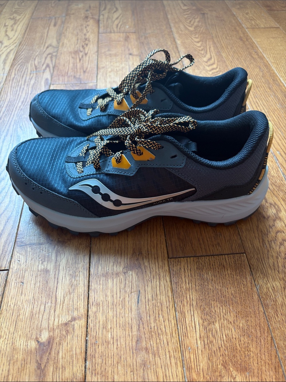 Saucony Aura TR Black with Yellow Accent Trail Sneakers